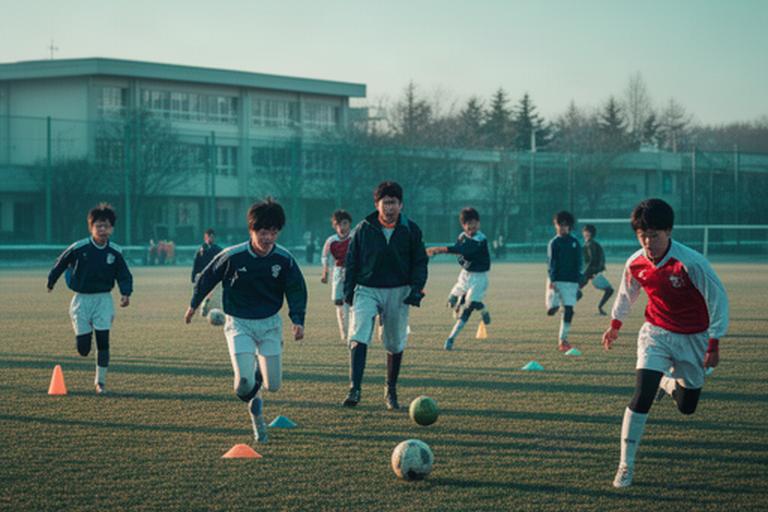 釧路湖陵高校のサッカー部員が放課後のグラウンドで練習する様子